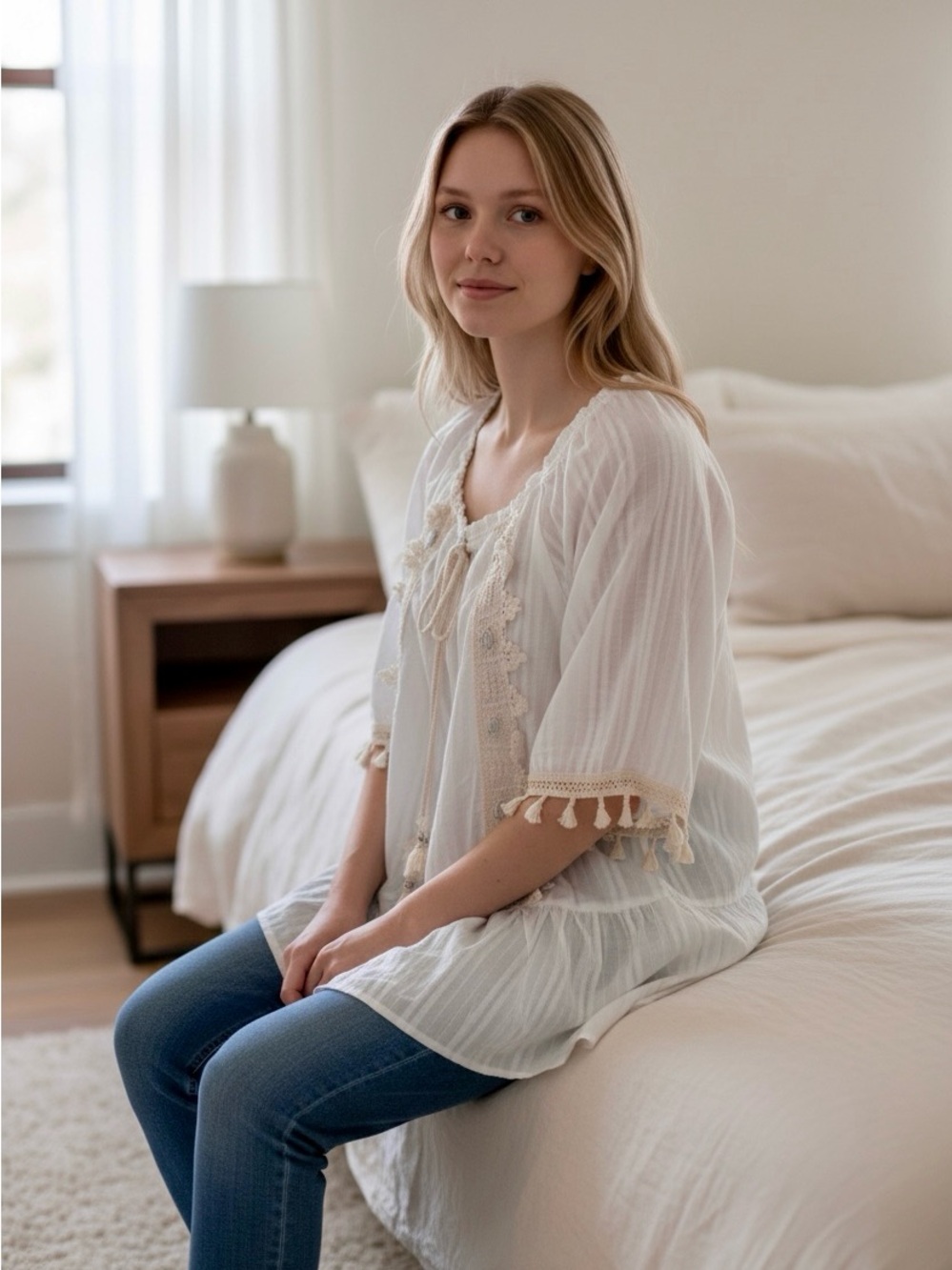Boho Tassel Tie Peasant Top in Ivory with Beige Trim NWT - Picture 3 of 12